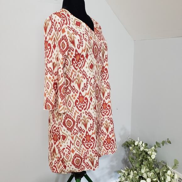 NWT Ikat Print V Neck 3/4 Bell Sleeve  Sheath Dress Size SmallUn - Picture 2 of 7